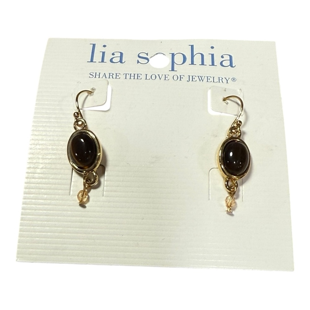 Lia Sophia “Butterscotch” Tiger’s Eye Bead Gold Tone Drop Earrings • NWT Card